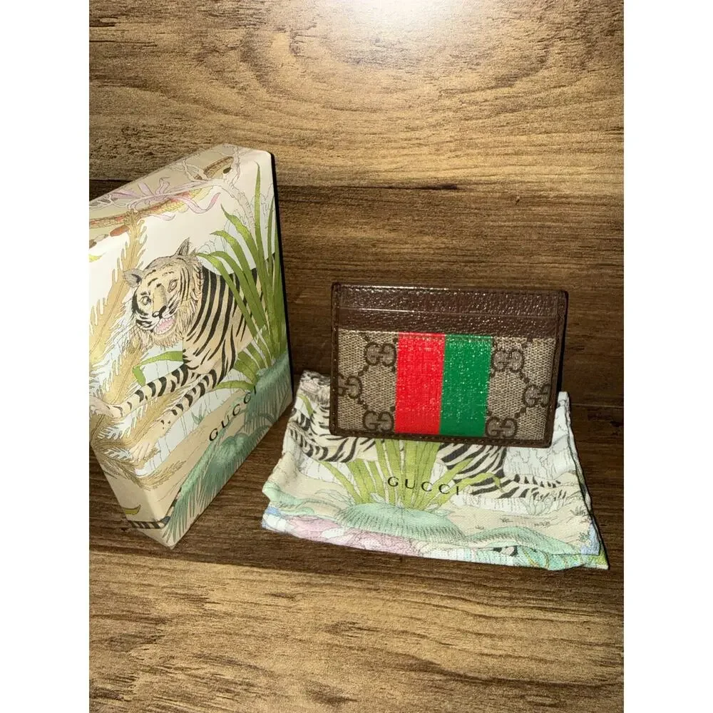 Rare Gucci Tiger GG Supreme Card Case Wallet Brown Coated Canvas Web Stripe